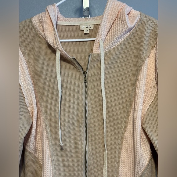 Pol‎ Women’s Zip Up Waffle Hoodie Cropped med tan and pink - Picture 3 of 7